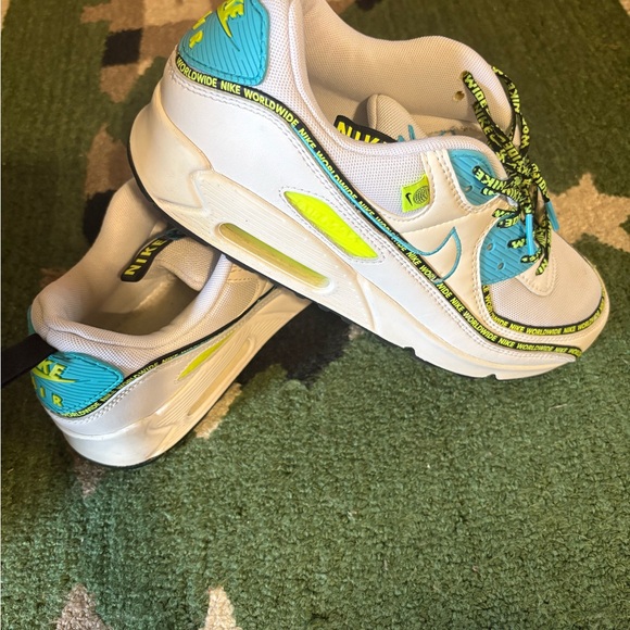 Nike Kids Air Max 90 SE White Blue Neon Green Sneakers - Picture 9 of 11